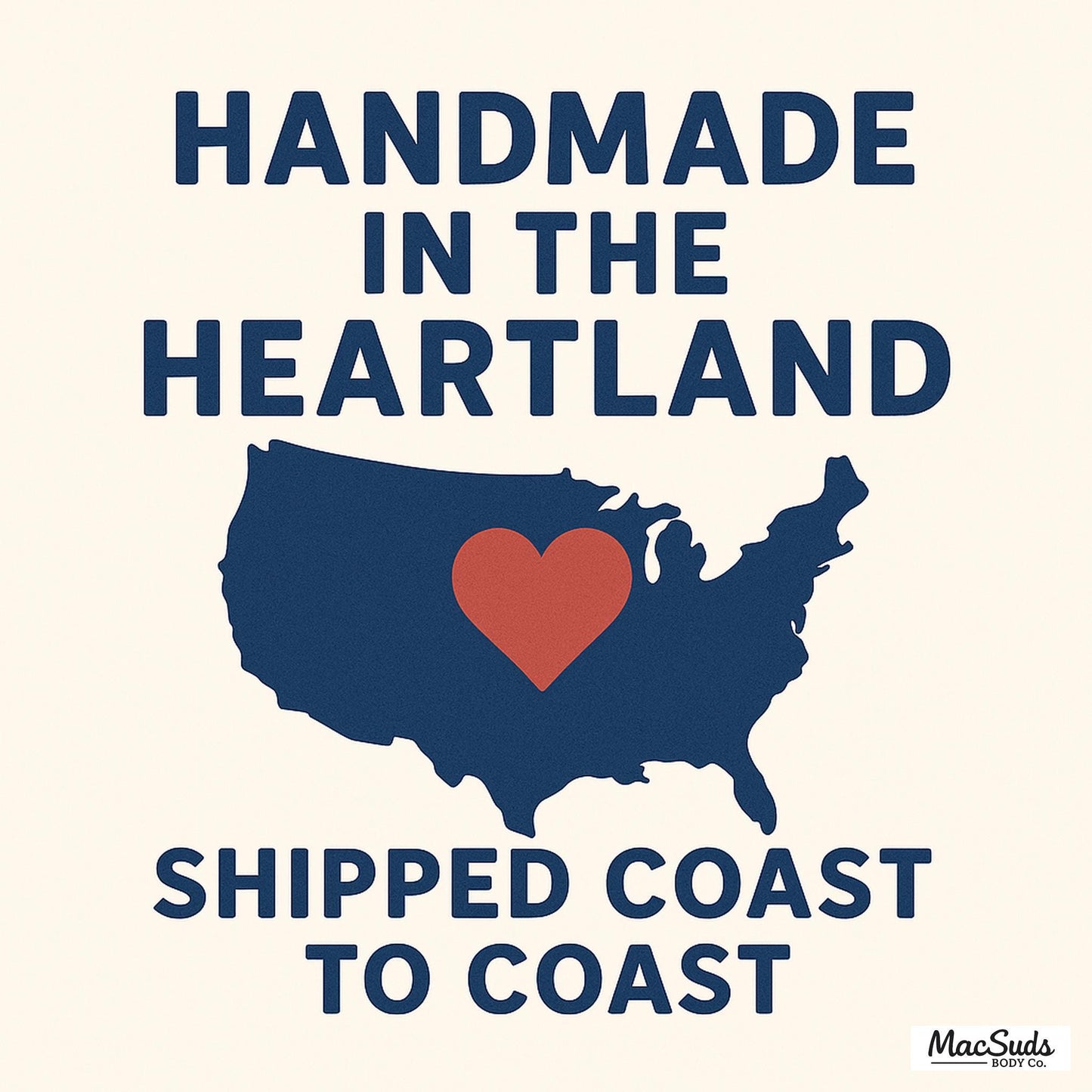 “A digital graphic of the United States in blue with a red heart centered over the Midwest. Bold blue text reads ‘Handmade in the Heartland’ above and ‘Shipped Coast to Coast’ below. The MacSuds Body Co. logo is in the bottom right corner.”